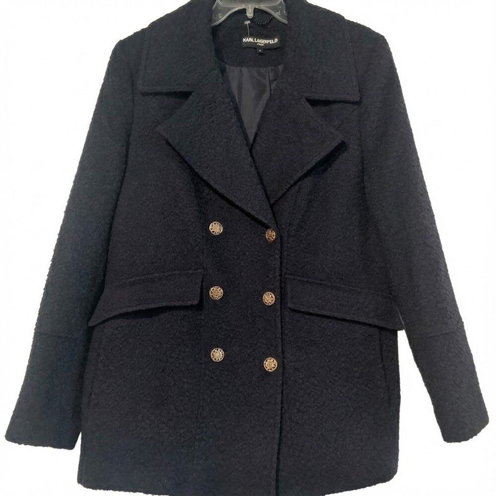 Karl Lagerfeld Black Double-Breasted Wool Pea Coat